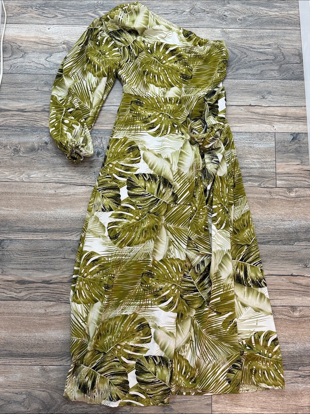 Olive Green One-Shoulder Tropical Print Jumpsuit
